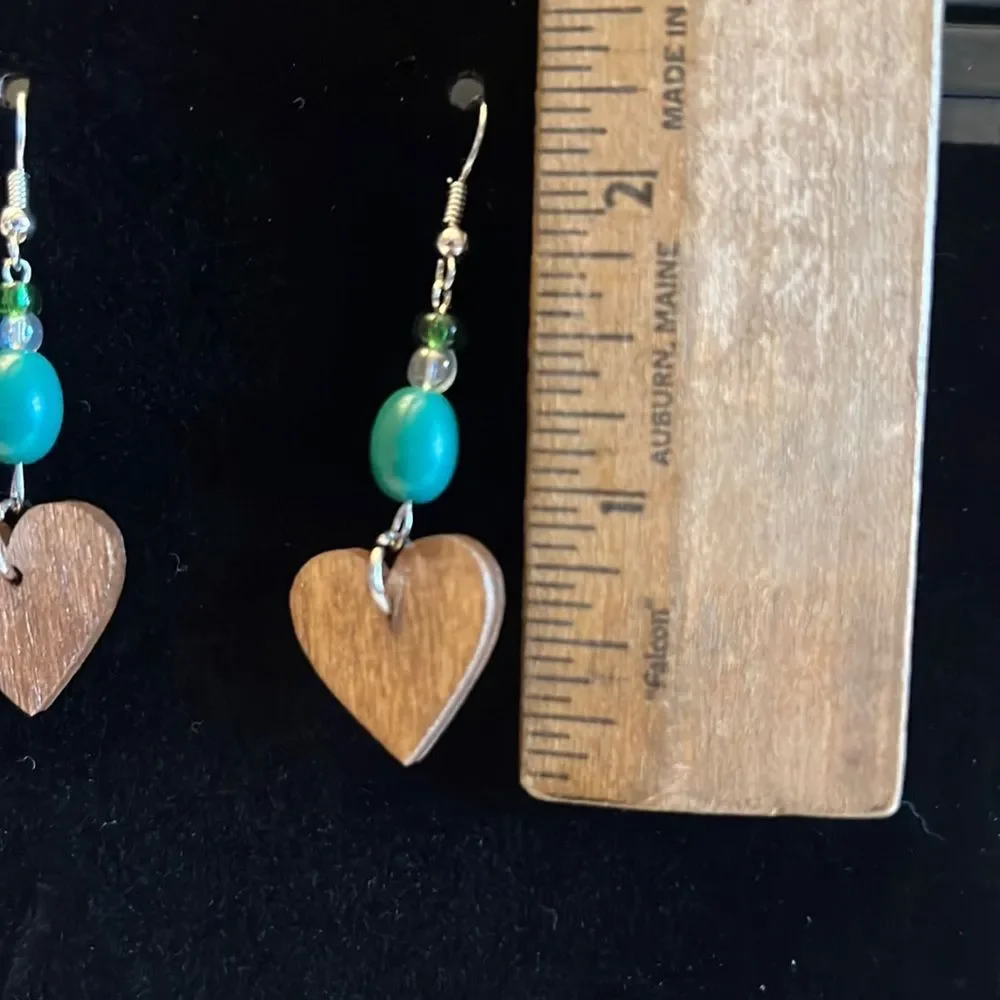 Handcrafted green & clear bead wood earrings with silver tone hardware